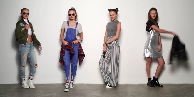 модата през 90-те, мини дънкова пола, дънков гащеризон, дънково яке, широк пуловер, днешни дни, гримландия