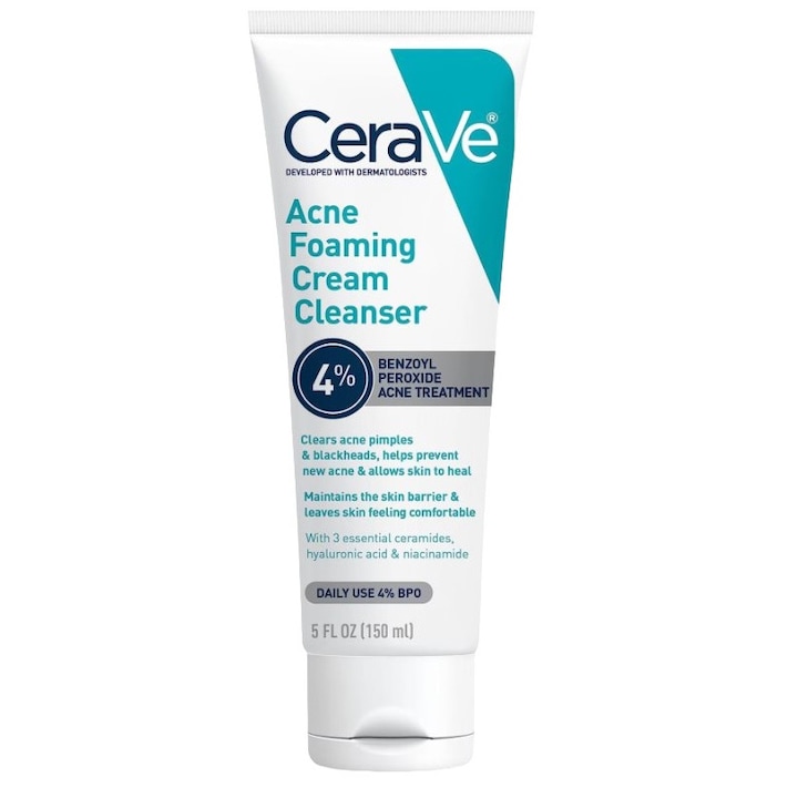 CeraVe Acne Foaming Cream Wash, за склонна към акне кожа, с 4% бензоил пероксид, 150 ml