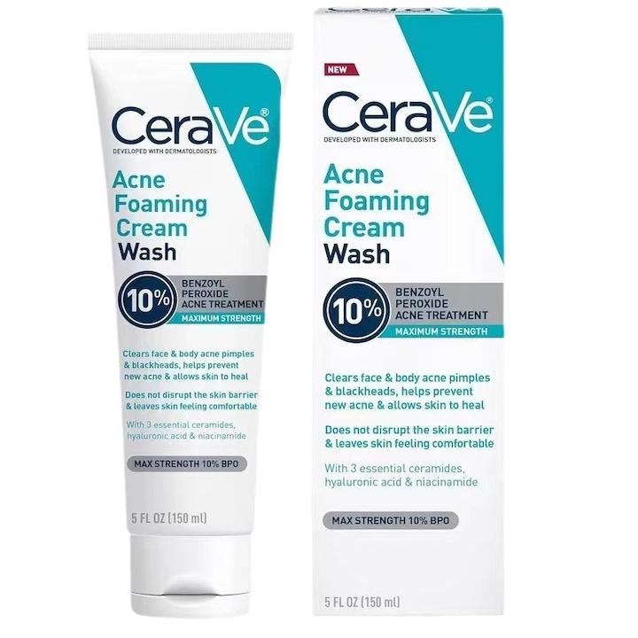 Пенлив почистващ препарат за акне с 10% бензоил пероксид CeraVe, хиалуронова киселина и ниацинамид 150 ml