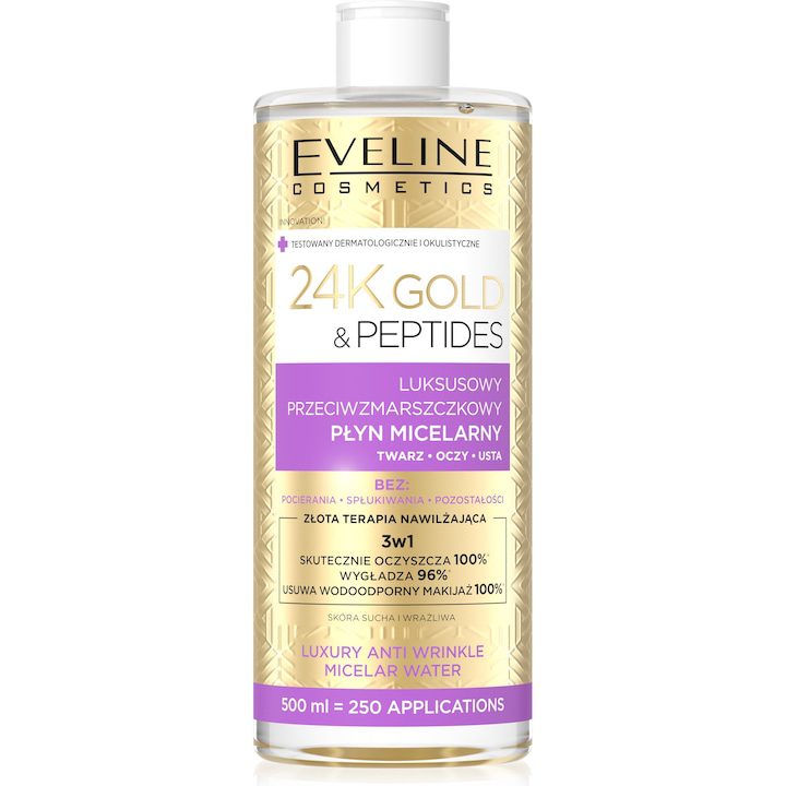 EVELINE Pliant 3 в 1 мицеларна вода с 24-каратово злато и пептиди