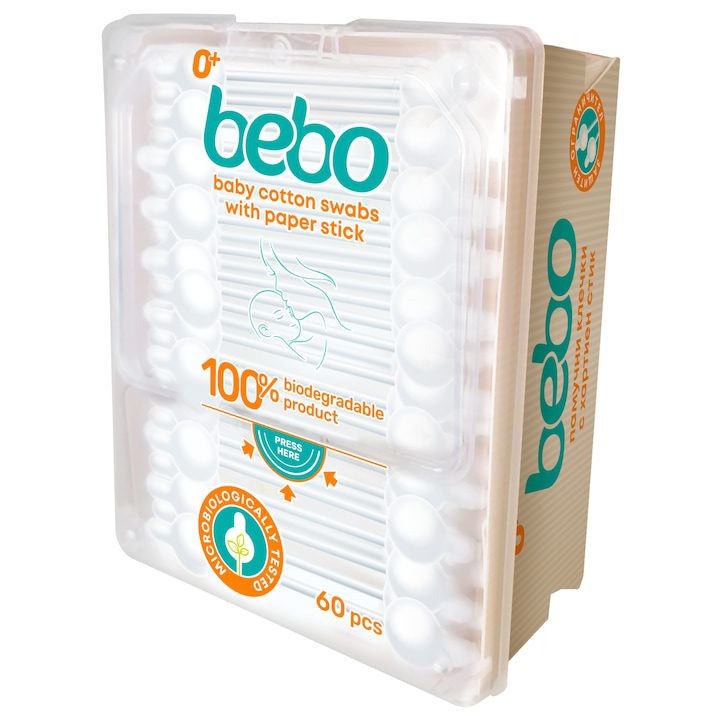 Клечки за уши с ограничител Bebo – Биоразградими 60 бр - eMAG.bg