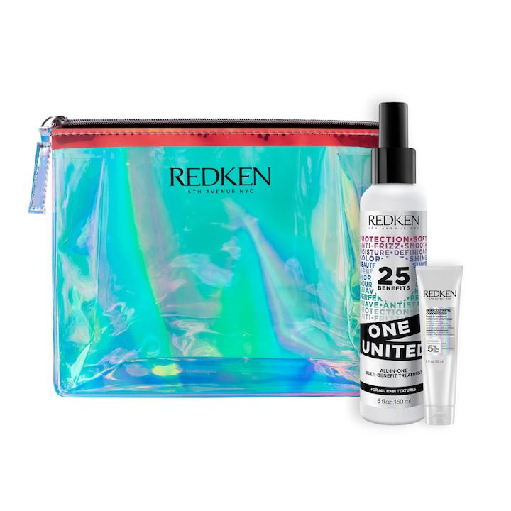Комплект без отмиване Redken One United Multi-Benefit 150 мл + Лосион без отмиване с лимонена киселина за увредена коса 30 мл и торбичка Redken Holographic - eMAG.bg