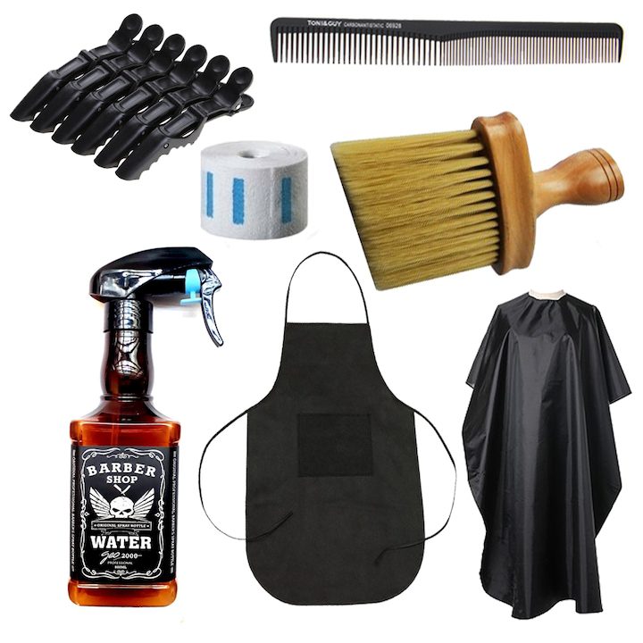 Комплект бръснарски инструменти и аксесоари за фризьорски салон с шапка