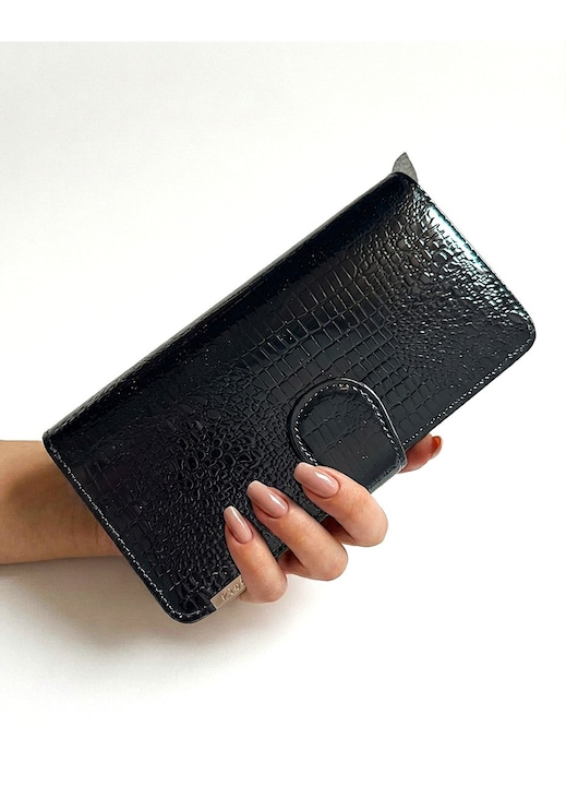 Черен крокодилски италиански портфейл за жени
