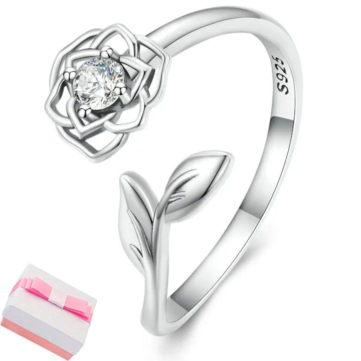 Регулируем сребърен пръстен с цветни листа 925