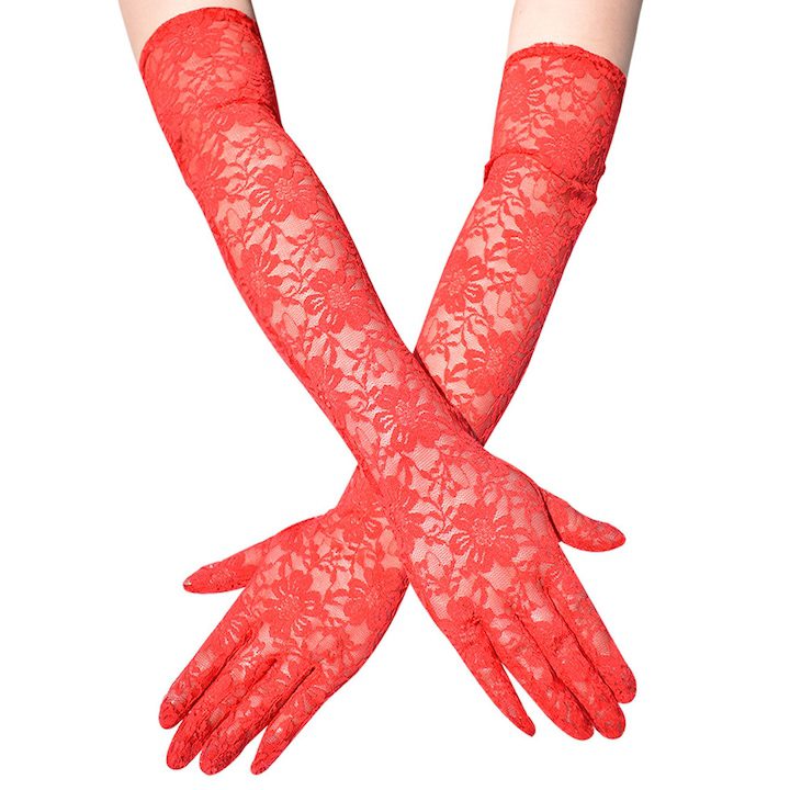 Дълги дантелени ръкавици TRADERPLUS червени 55x10см еластични елегантни - eMAG.bg
