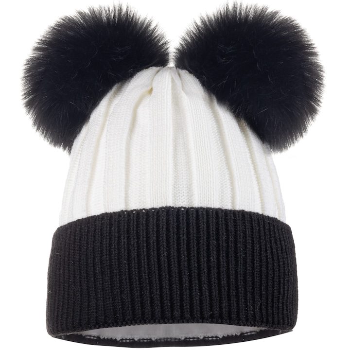 Дамска шапка Майка с 2 помпона черно-бяла 23х25см - eMAG.bg