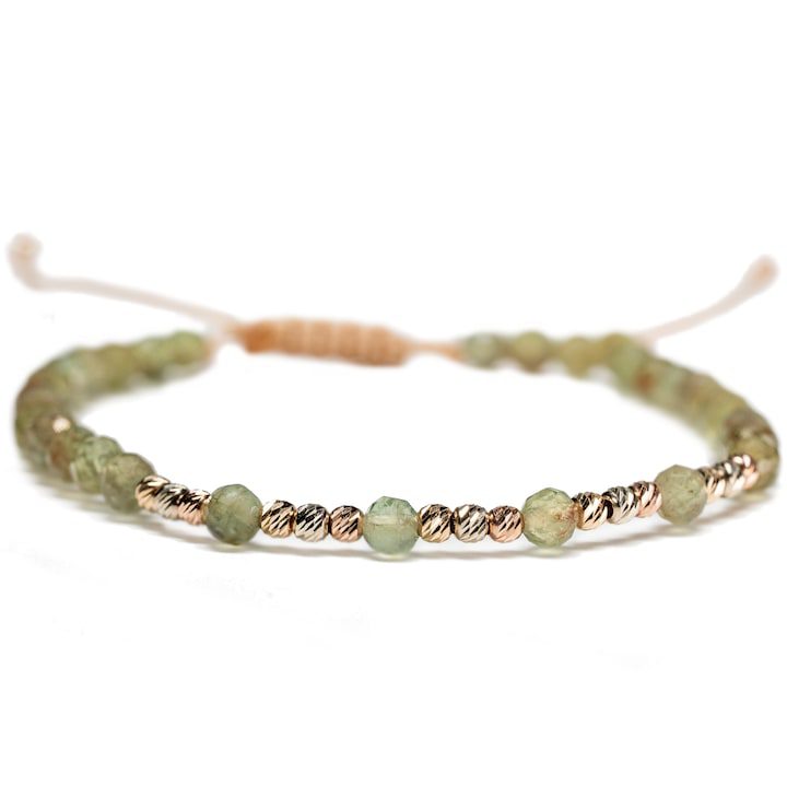 Гривна със 17 топчета от 14к злато и полускъпоценни камъни Перидот в 3 цвята