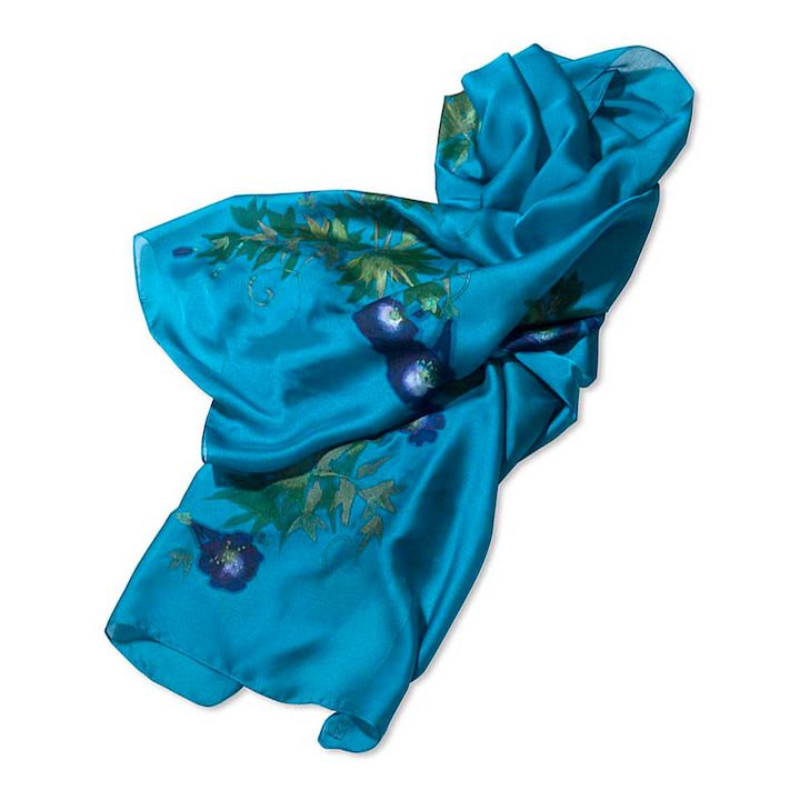 Тюркоазен шал от естествена коприна с ръчно рисувани лилави цветя - eMAG.bg